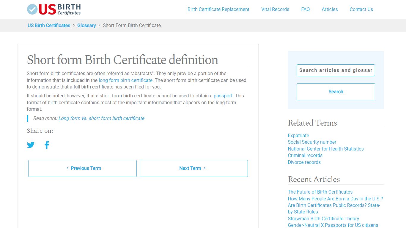 Short form Birth Certificate - US Birth Certificates